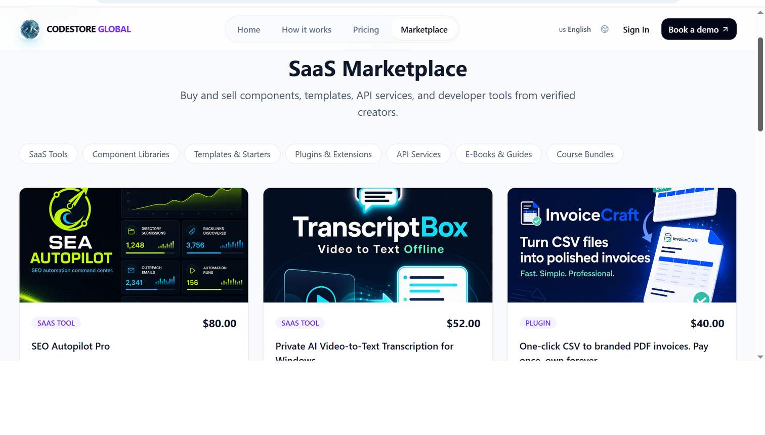 Workspace products list showing internal components with prices, versions and tags